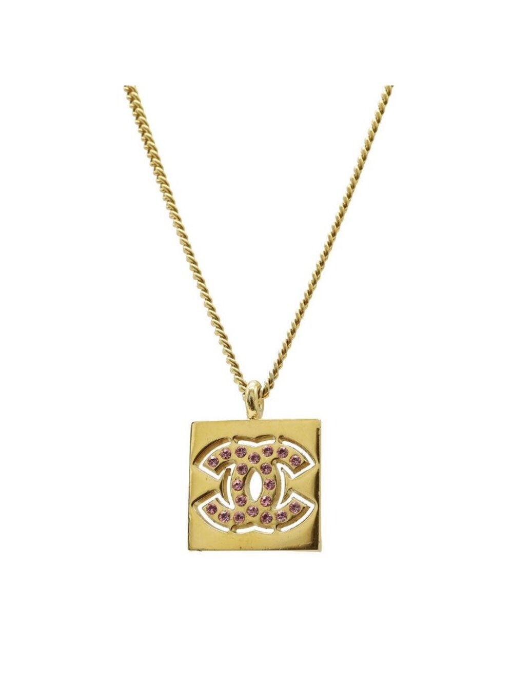 Chanel 01P Square CC Logo Pendant Rhinestone Gold Plated Pink Necklace